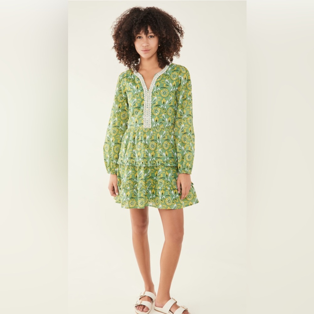 Roller Rabbit Zanna Naema V-Neck Embroidered Long Sleeve Dress Green